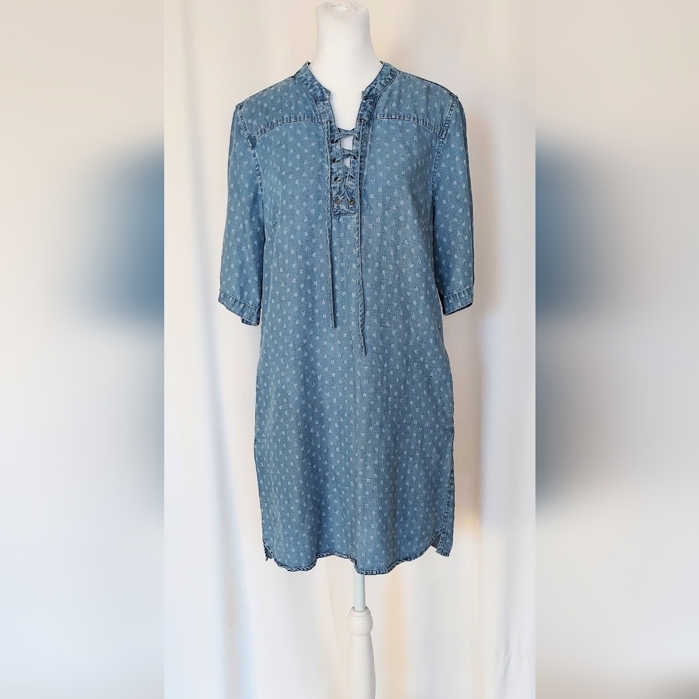 Philosophy Lace Up Roll Tab Sleeve Tunic Dress Blue Size Small